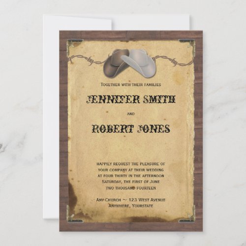 Rustic Country Cowboy Hats Barbed Wire Wedding Invitation