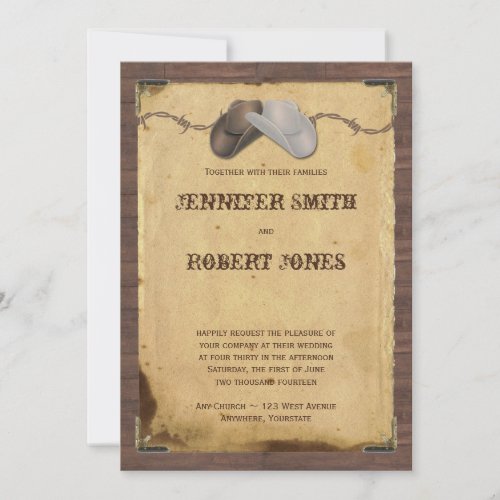 Rustic Country Cowboy Hats Barbed Wire Wedding Personalized Invites
