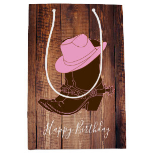 Rustic Country Cowgirl Boots & Hat Barn Wood Plank Medium Gift Bag