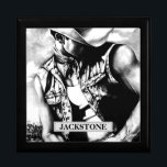 Rustic country custom Name western cowboy keepsake Gift Box<br><div class="desc">Rustic country custom Name western cowboy keepsake gift box. Personalized name western cowboy cool wooden trinket, jewelry gift box. Beautiful keepsake wooden box with original fine art charcoal drawing of a handsome masculine cowboy, printed on the lid of the wooden keepsake box. Click Personalize this template to customize the name...</div>