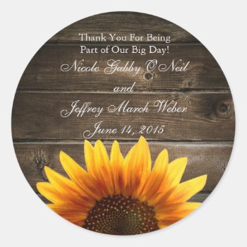 Rustic Country Custom Wedding Wood & Sunflowers Classic Round Sticker by My_Wedding_Bliss at Zazzle