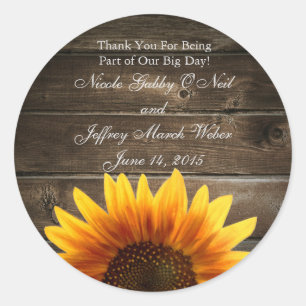 Rustic Country Custom Wedding Wood & Sunflowers Classic Round Sticker