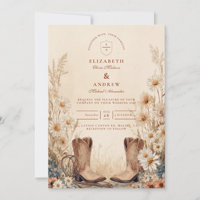 Rustic Country Daisy Boots Wedding Invitation (Front)