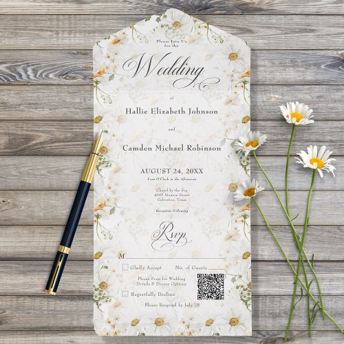 Rustic Country Daisy Floral QR Code All In One Invitation