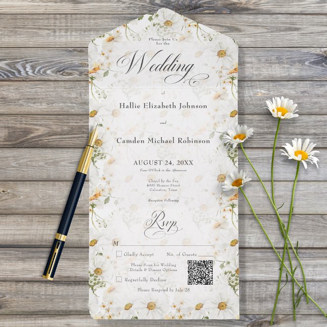 Rustic Country Daisy Floral QR Code All In One Invitation (Creator Uploaded)