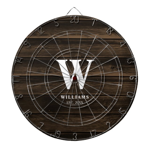 Rustic Country Dark Barn Wood Personalized Dart Board (Front)