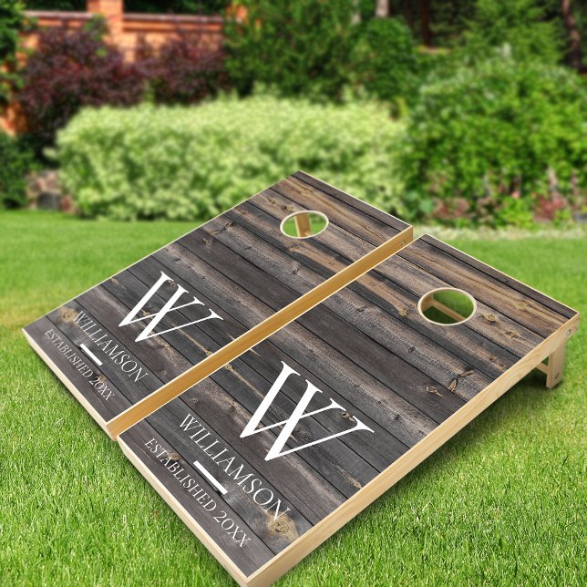 Rustic Country Dark Wood Monogram Cornhole Set (Rustic Wood Print Thin Blue Line USA Flag Monogram Cornhole Set)