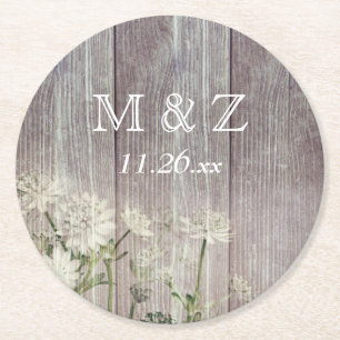 Rustic Country Dark Wood Wedding Round Paper Coaster