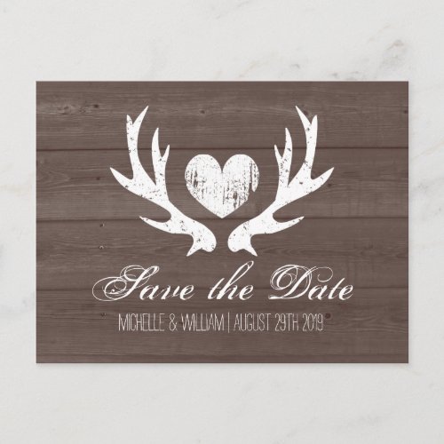 Rustic country deer antler save the date postcards