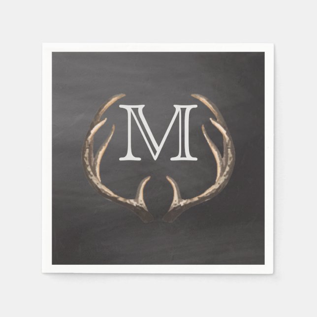 Rustic Country Deer Antlers Chalkboard Monogram Napkins (Front)
