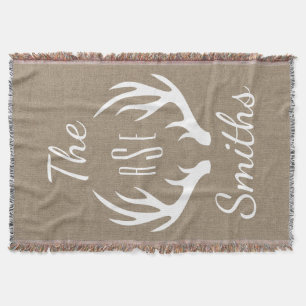 Rustic Country Deer Antlers - Family Name Monogram Throw Blanket