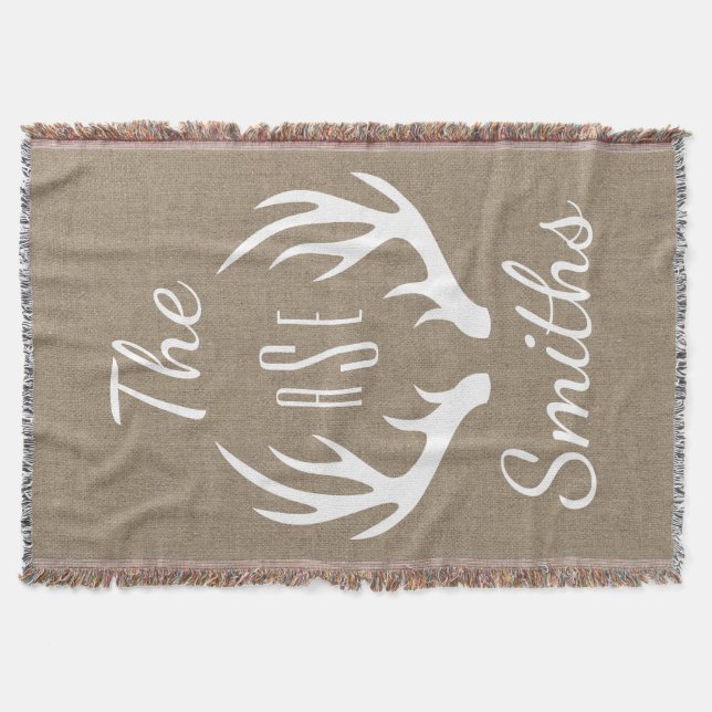 Rustic Country Deer Antlers - Family Name Monogram Throw Blanket (Front)