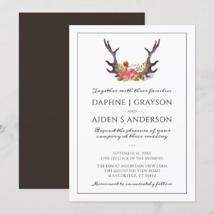 Rustic Country Deer Antlers Floral Wedding Invitation