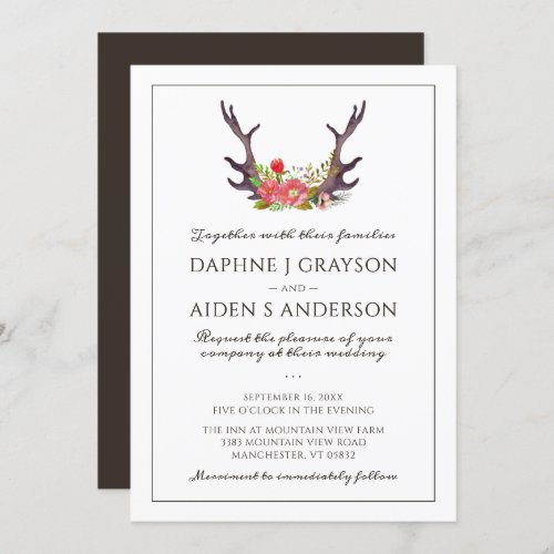 Rustic Country Deer Antlers Floral Wedding Invitation