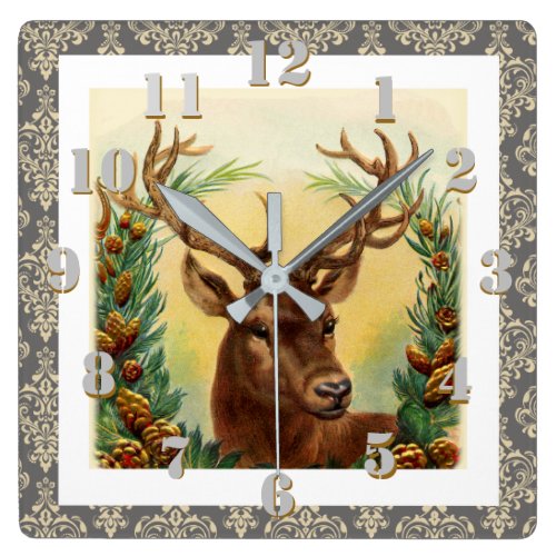 Rustic Country Deer Elegant Vintage Christmas Square Wall Clock