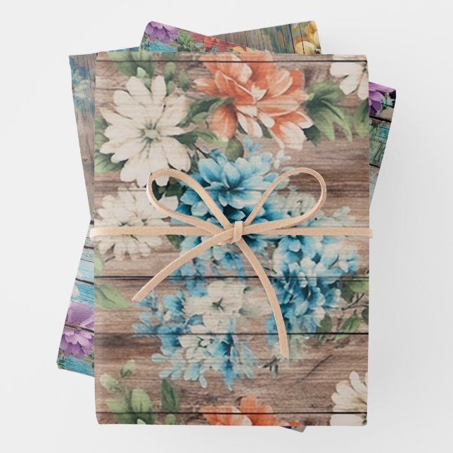 Rustic Country Distressed Wood Blue Florals Wrapping Paper Sheets (In situ)