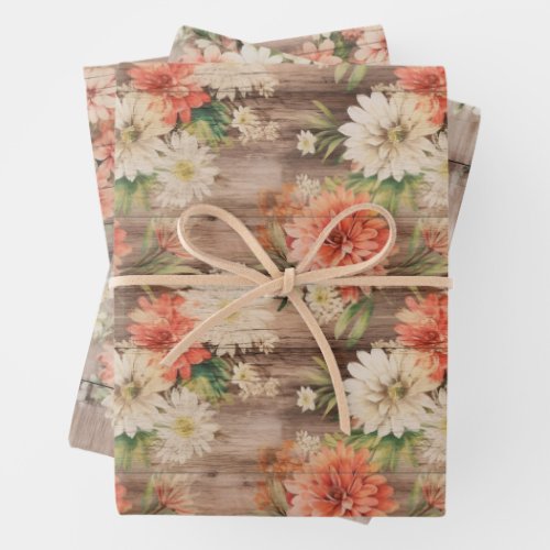 Rustic Country Distressed Wood Cream Peach Florals Wrapping Paper Sheets