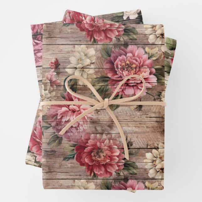 Rustic Country Distressed Wood Pink Florals Wrapping Paper Sheets (In situ)