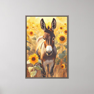 Rustic Country Donkey in Sunflower Field Canvas Print