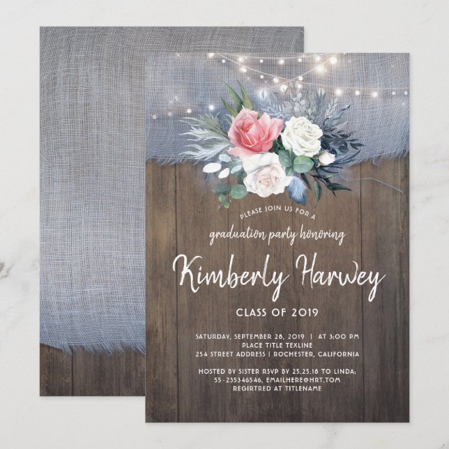 Rustic Country Dusty Blue Floral 2019 Graduation Invitation (Front/Back)