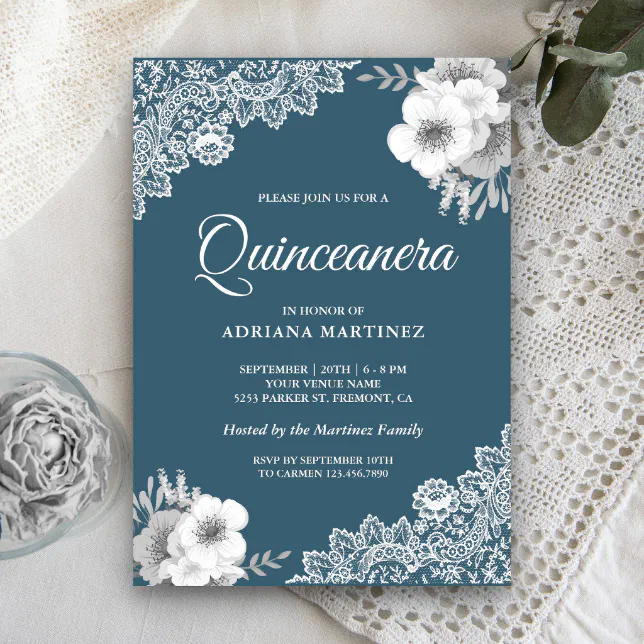 Rustic Country Dusty Blue Floral Lace Quinceanera Invitation | Zazzle