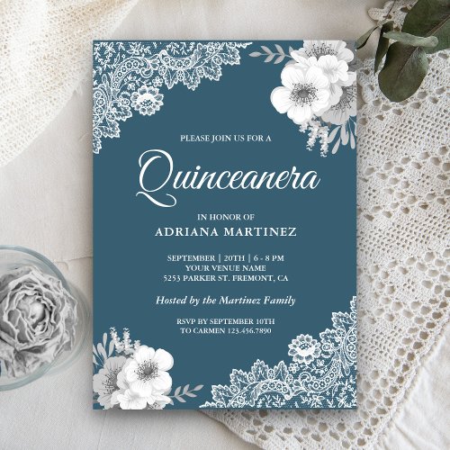 Rustic Country Dusty Blue Floral Lace Quinceanera Invitation