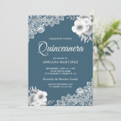 Rustic Country Dusty Blue Floral Lace Quinceanera Invitation (Standing Front)