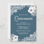 Rustic Country Dusty Blue Floral Lace Quinceanera Invitation (Front)