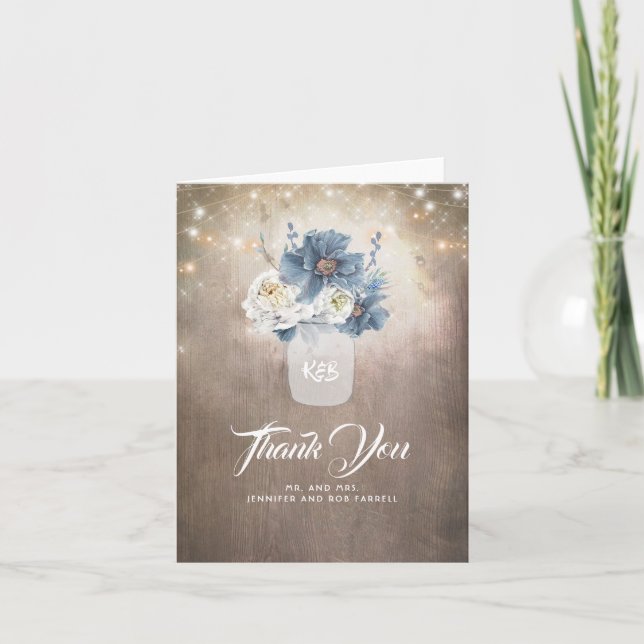 Rustic Country Dusty Blue Floral Wedding Thank You Card (Front)