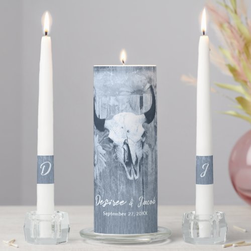 Rustic Country Dusty Blue Sunflowers Bull Skull Unity Candle Set