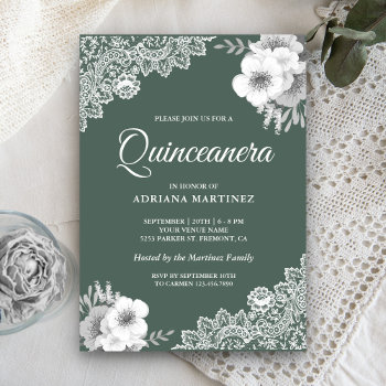 Rustic Country Dusty Green Floral Lace Quinceanera Invitation by ShabzDesigns at Zazzle