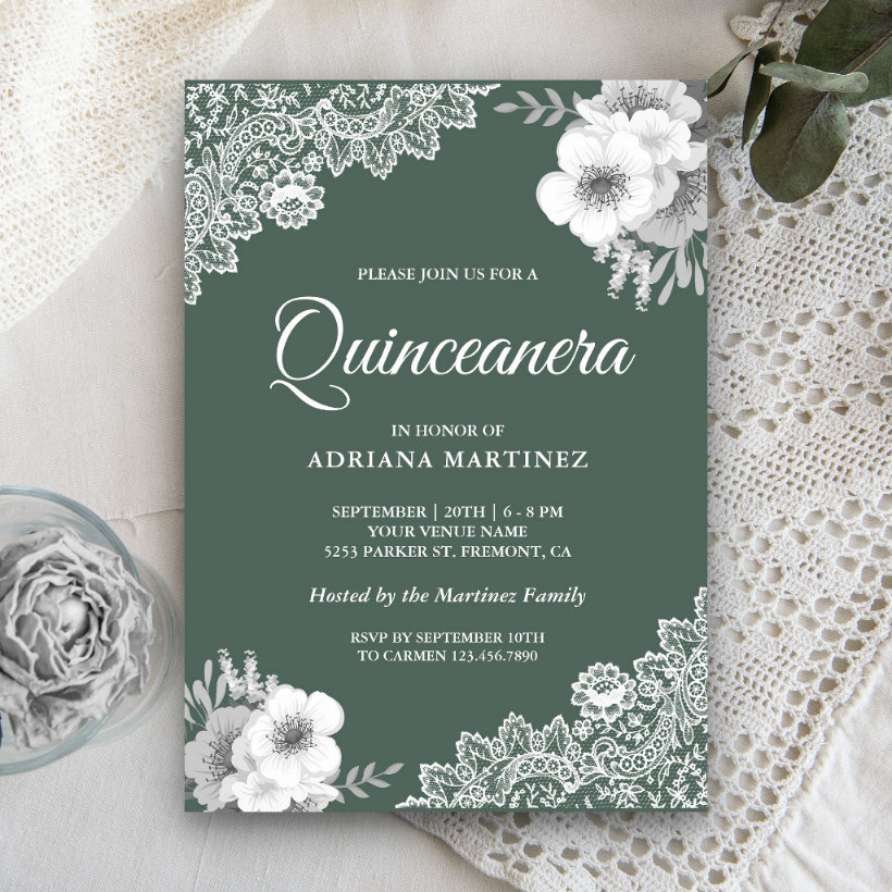 Rustic Country Dusty Green Floral Lace Quinceanera Invitation (Creator Uploaded)