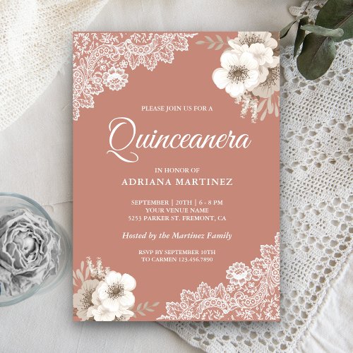 Rustic Country Dusty Peach Floral Lace Quinceanera Invitation