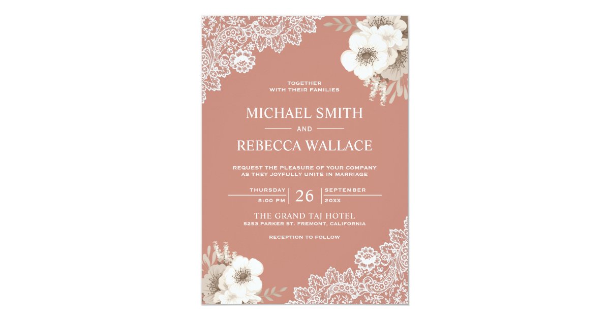 Rustic Country Dusty Peach Floral Lace Wedding Invitation Zazzle