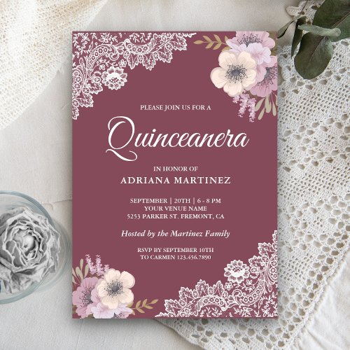 Rustic Country Dusty Pink Floral Lace Quinceanera Invitation