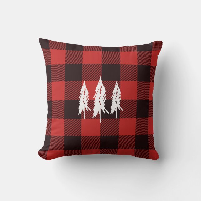 Rustic Country Evergreen Red & Black Flannel Plaid Throw Pillow (Front)