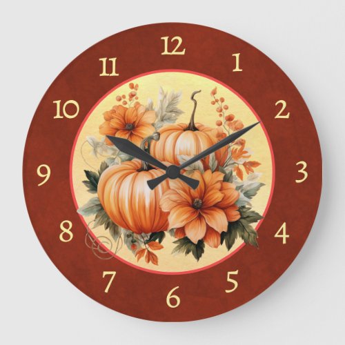 Rustic Country Fall Pumpkin Patch Botanical Analog Large Clock