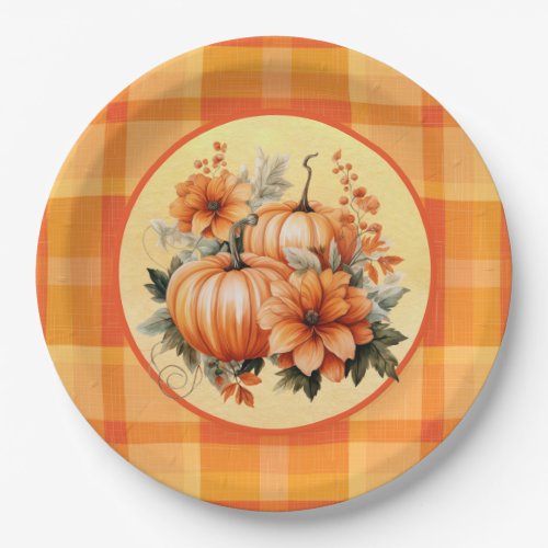 Rustic Country Fall Pumpkin Patch Orange Plaid Paper Plates