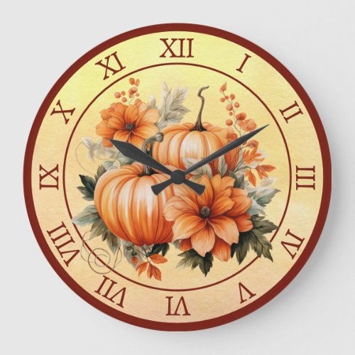 Rustic Country Fall Pumpkin Patch Roman Numeral Large Clock