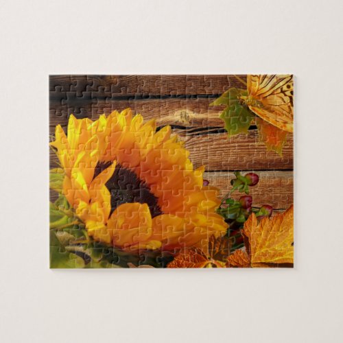 Rustic Country Fall Sunflower Butterfly Foliage Jigsaw Puzzle