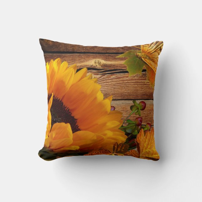 Rustic Country Fall Sunflower Butterfly Foliage Throw Pillow (Front)