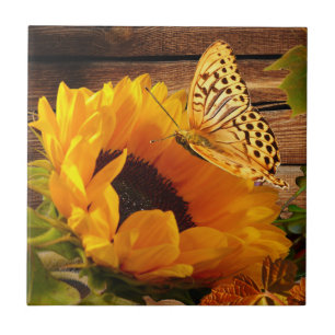 Rustic Country Fall Sunflower Butterfly Foliage Tile