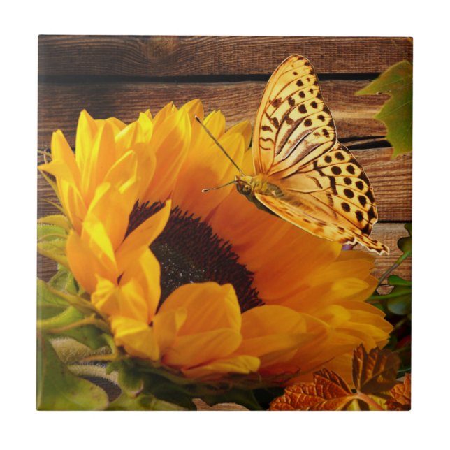 Rustic Country Fall Sunflower Butterfly Foliage Tile (Front)