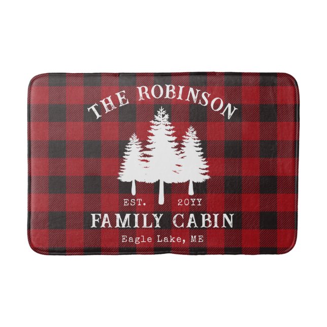 Rustic Country Family Cabin Tree Red Buffalo Plaid Bath Mat (Front)