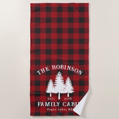 Rustic Country Family Cabin Tree Red Buffalo Plaid Beach Towel