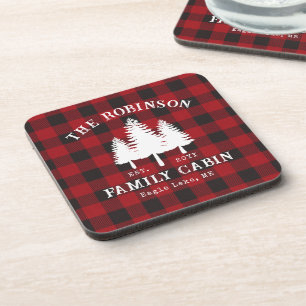 Rustic Country Family Cabin Tree Red Buffalo Plaid Beverage Coaster