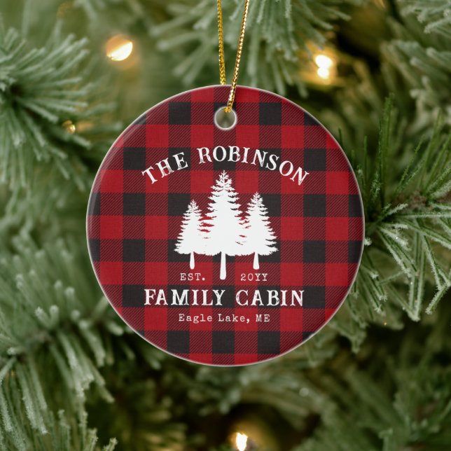 Rustic Country Family Cabin Tree Red Buffalo Plaid Ceramic Ornament (Tree)