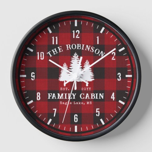 Rustic Country Family Cabin Tree Red Buffalo Plaid Clock