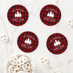 Rustic Country Family Cabin Tree Red Buffalo Plaid Coaster Set