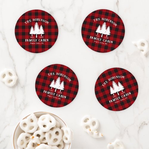 Rustic Country Family Cabin Tree Red Buffalo Plaid Coaster Set